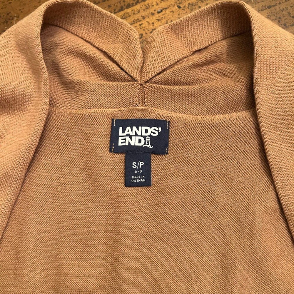 Lands End Womens Cardigan Sweater Size SP Pockets Open Front Camel Tan High Neck - Picture 2 of 10